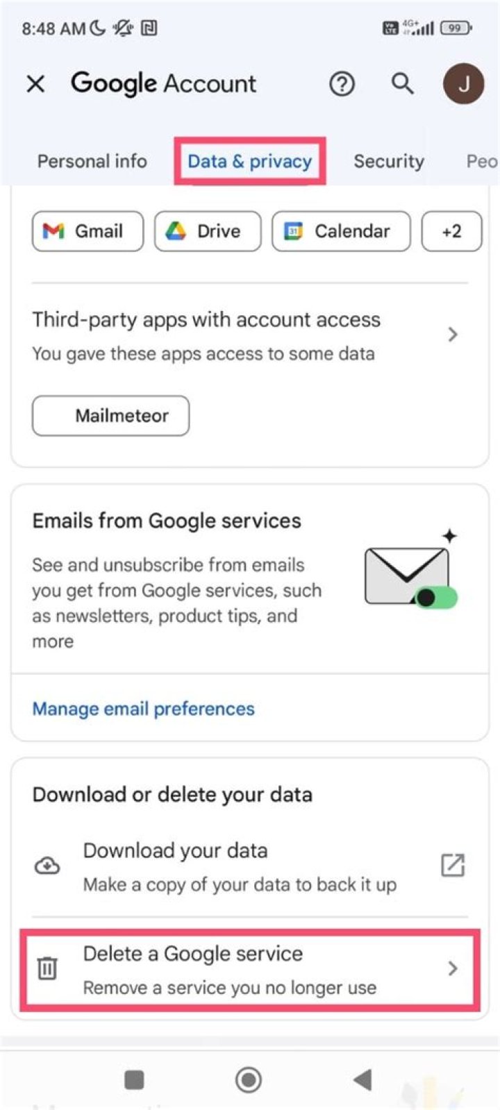 How do I delete a Gmail account from the Gmail app?